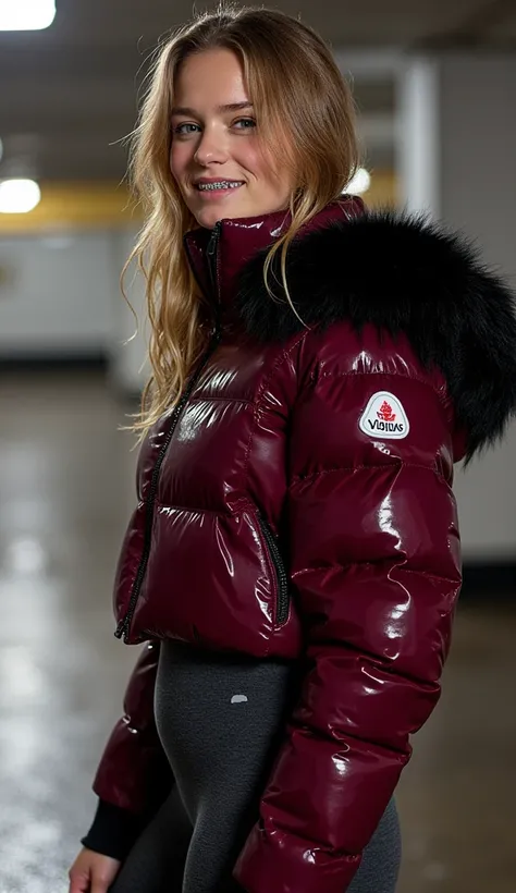 Frontal diagonally photo from side of a sweaty hot wet cute beautiful darkblonde dutch spanish italia young posing age femboy wearing shiny dark plum darkred pvc cropped short moncler puffer jacket. Big moncler canadagoose colmar peutery luxurious logo pat...