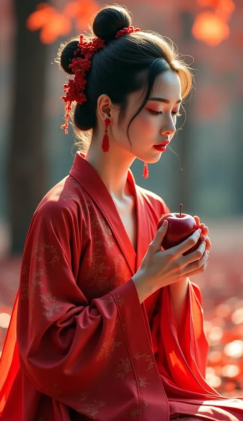 An Asian , Holding a red apple in both hands, is sitting, wearing apple style hanfu, apple style jewellerys earrings and hair accessories, The ground is covered with fallen leaves, and there are trees in the background. The leaves are red and orange, the o...