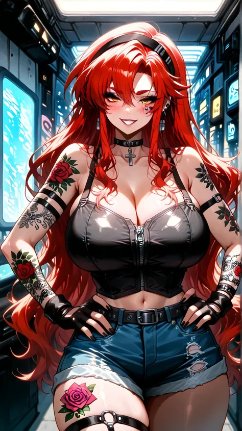   big breasts,  Pretty busty  ,,   extremely sexy body  , ((,   denim shorts )),   shy smile, blush, (  looking at the spectator ),   In the beautiful romantic cyberpunk room,  seducing the spectator,   style  , tattooed on arms and legs  ,  hands on hips ...