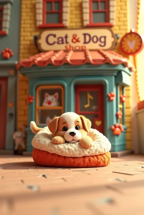 Create 5 images where a puppy is in a bed and that says Catdog Shop and in the name they have little dog prints 