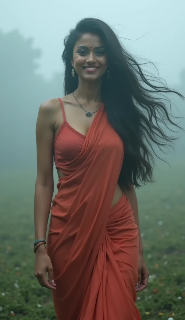 "A figure of an Indian woman in her late 20s emerging from a mist. She is wearing a saree, her face is beautiful and have a seducing smile as if she wants to draw the viewer to her, she also have beautiful seducing eyes, her upper breasts, cleavage, midrif...