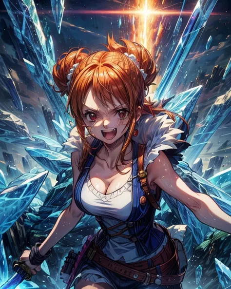 (最高 Masterpiece,  top quality, 4K, 8k,  high resolution, Masterpiece:1.2), Nami in One Piece,smile,( paladin),Miracle,Power Spot, fantastic world, White Light Spot,(Holy Sword), She's on an adventure to defeat the Demon King, is a master of sword skills,(C...