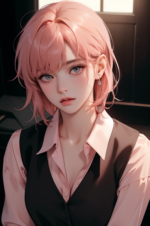 (best quality, ((masterpiece)), 8K resolution, Semi-realistic, cinematic lighting, ultra detailed, beautiful detailed eyes),1 woman, korean, 30-year-old ((white collared shirt)), ((Blunt bangs, salmon pink medium hair, hush cut)),sea