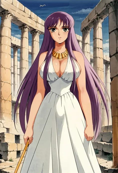 score_9, score_8_up, score_7_up, ultra detailed,, Expressiveh, zPDXL, standing, huge cameltoe, saor1, 1girl, solo, long hair, dress, purple hair, white dress, looking at viewer, sleeveless, retro artstyle, very long hair, pillar, staff, 1980s (style), gree...