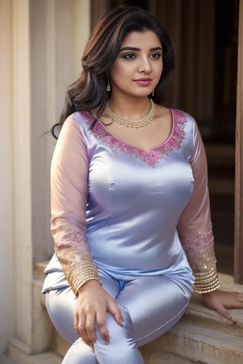 fashion photography, a full length portrait of pakistani curvy woman, age 24, (greek shaped nose), casual poses, detailed skin, dslr, lipstick, (wearing glossy gradient blue,gradient magenta+white tight pakistani satin outfit) (tight satin capri) (petite),...