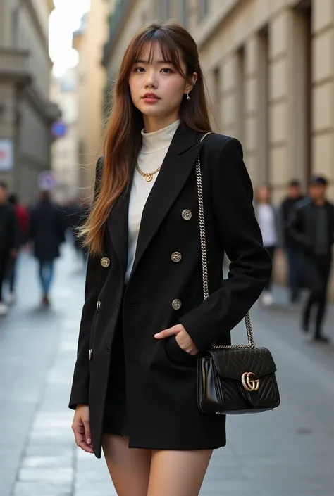  walking the streets in Switzerland a beautiful Korean woman You jung angel  ,23 years old, Extremely long and smooth light brown hair tied with bangs whipped cream skin tone with perfect texture, the protagonist has clear black eyes,  soft makeup on a fle...