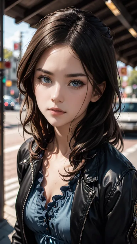 ( black riders jacket:1.1), ( Masterpiece,  top quality,  cute girl,  beautiful face, 8k,  RAW Photo ,  photorealistic,   is ridiculous:1.2), 10th Generation, cowboy shot,  Dutch Angle,  face light,  film grain,  Color Difference,  high resolution,  Super ...