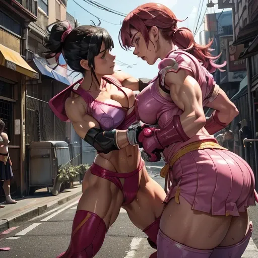 dynamic battle action, a male and a female (((stand squarely facing each other))), (((they are fighting so hard in the back-street))). (((they are beating each other))). (((glaring at each other))), a cute Japanese high school (((girl streetfighter))) is f...