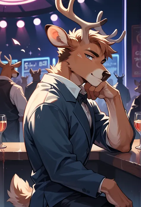 solo, male, deer, fluffy fur, lean body, source anime, best quality, seductive expression, nightclub setting, anthro, side view, looking at viewer