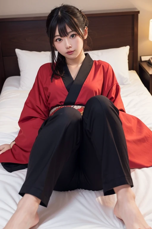 Red-themed kimono（I don't want women wearing ） to wear  （ don't wear Western-style pants while wearing them firmly without taking them off at all {x}）、 with her legs spread out 、I want you to lay down on Lovaho's bed and draw a picture of a situation calle...