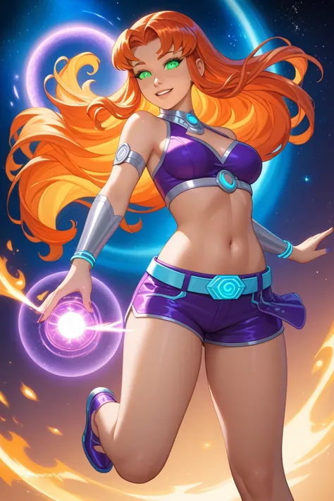 For a Starfire-inspired outfit for Orihime, keeping her navel and bare feet exposed, here’s a cosmic, bold, and vibrant design that channels Starfire’s alien elegance, superhero strength, and radiant beauty:

Top:

Cropped metallic or shiny top: A futurist...