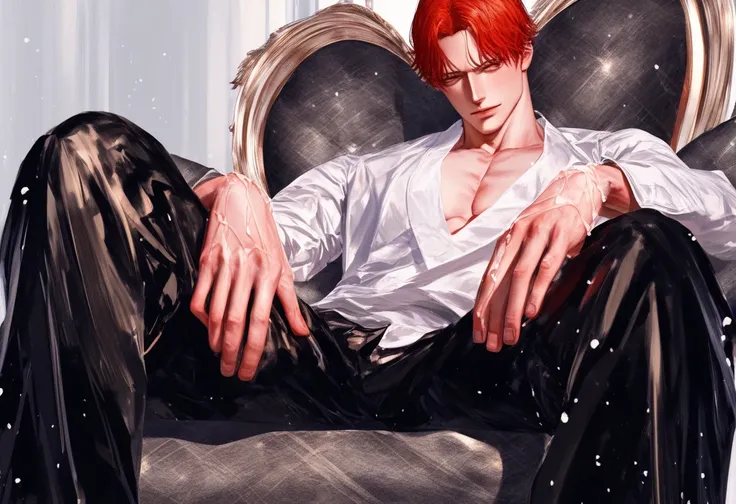 One Piece Illustration ，两个Handsome male goddess， red hair， rock color art Half body master composition {x} In one, you can see a person wearing a white T-shirt, a white shirt jacket, and shorts， new three-dimensional rendering ， with white stockings 。 anot...