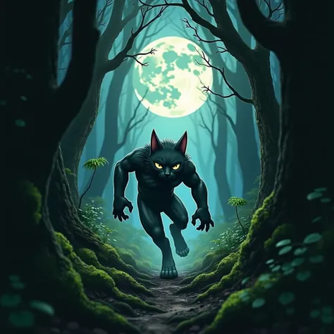 A  with cat ears runs around in the bright moonlit forest