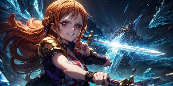 (最高 Masterpiece,  top quality, 4K, 8k,  high resolution, Masterpiece:1.2), Nami in One Piece,smile,( paladin),Miracle,Power Spot, fantastic world, White Light Spot,(Holy Sword), She's on an adventure to defeat the Demon King, is a master of sword skills,(C...