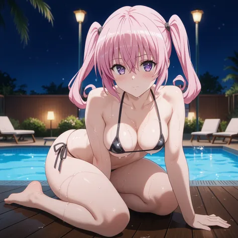 Nana Astar Deviluke, long hair,pink hair,twintails,hair between eyes,bangs,purple eyes, Tempting body, gradient hair, glossy skin, glistening skin, Bikini Swimwear, Bikini bottoms, sexy pose, blush, shy, Pose seductively, Posing provocatively, Wet body, po...