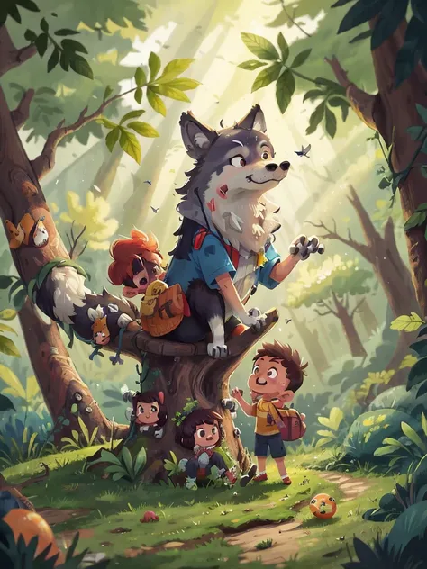 （Masterpiece），（The best quality），wolf  , climbing a tree, playing with his brother 