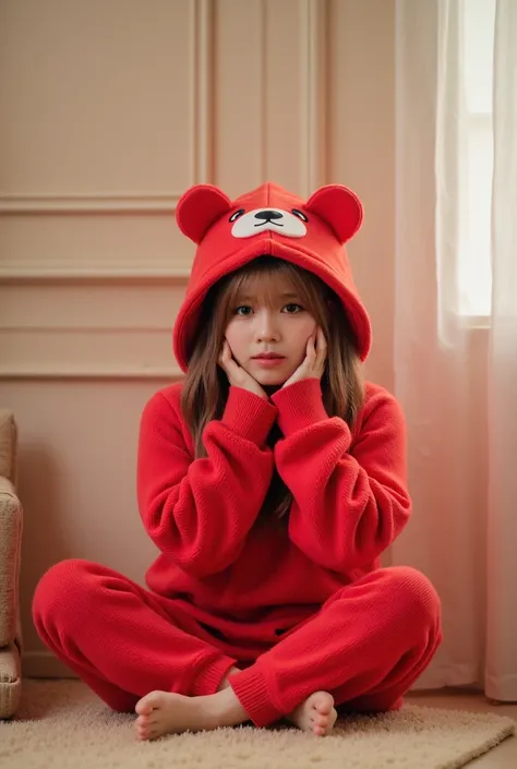 The scene features a cozy indoor environment, centered around a figure clad in a bright, plush red bear-themed hoodie. The hoodie has an adorable bear face design with prominent ears and a cheerful pink nose, adding a whimsical touch to the attire. The fig...