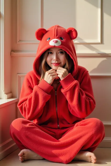 The scene features a cozy indoor environment, centered around a figure clad in a bright, plush red bear-themed hoodie. The hoodie has an adorable bear face design with prominent ears and a cheerful pink nose, adding a whimsical touch to the attire. The fig...