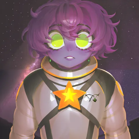 Alien, man, purple skin, curly purple hair, masculine, big eyes, thick black lashes, green eyes, no pupils, star on chest, man, back yard, solo, cute, buff, space suit, no helmet. 