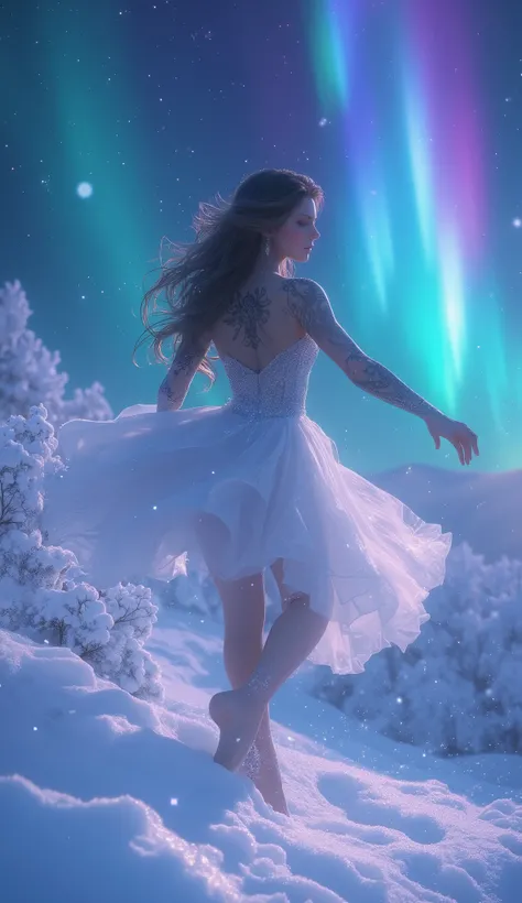 ((Masterpiece, top quality, high resolution, highly detailed CG unified 8K wallpaper)), (ethereal and graceful, captivating beauty, slender and poised figure:1.3), (under vibrant auroras in a snowy landscape, dynamic motion pose), (white ballet dress with ...