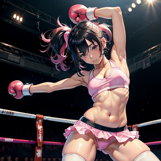 a cute Japanese high school student (((girl fighter))) is fighting in the octagon fighting ring of underground arena with audience. she flaunts her prized shaped body to the audience. Short-cut black hair, erect, pink nipples. (((pink-edging white sports-b...