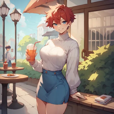 a tomboy with red hair and blue eyes. she is wearing white sweater and a blue skirt. she is standing outside a cafe. she is smiling happily at you.