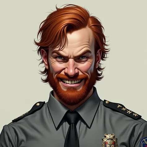 A portrait of a man with medium length red hair and beard wearing a gray security uniform, devious smirk