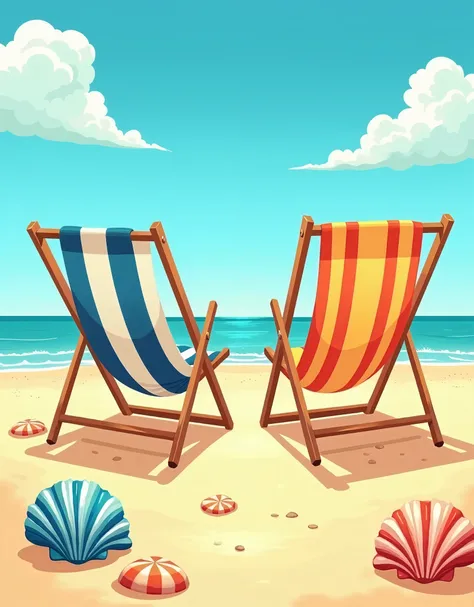 A beautifully vibrant illustration of two large, relaxing beach chairs facing the ocean, positioned side by side on a soft, golden sandy shore. The chairs are painted in bright, summery colors with bold, clean lines, featuring classic striped fabric in sha...