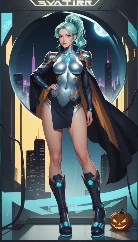 Cinderella stands as a bold and futuristic anime heroine in a shimmering cyberpunk warrior fusion suit. The suit is a stunning blend of metallic silver and sky blue, with glowing glass-like armor pieces on her shoulders, arms, and boots, evoking the feel o...