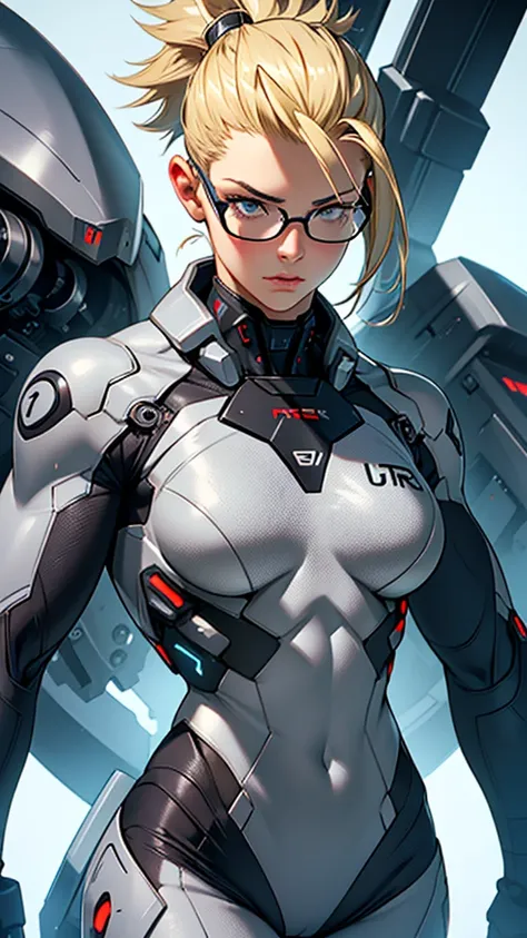 Beautiful cybernetic girl wearing a grey mobile cybernetic battle suit, detailed muscles realistic masterpieces full figure pose (best quality,ultra-detailed), blonde faux hawk, glasses, fair skin, fit body, slim figure, narrow waist, (cocky expression)