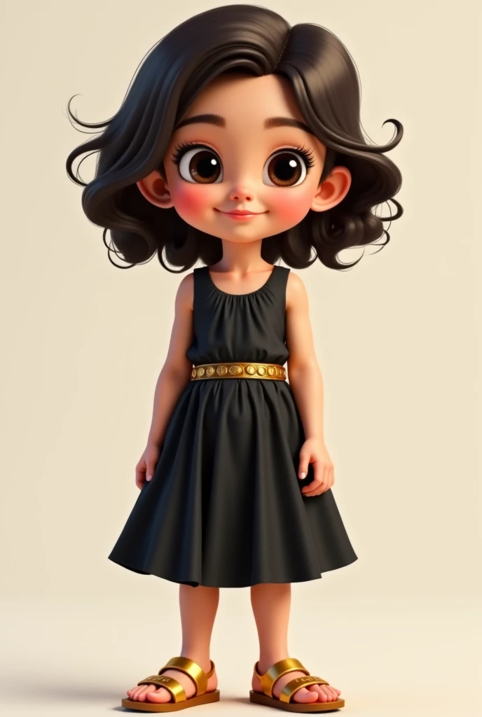 Boy with shoulder-length wavy hair,  with dark eyes with a black dress with thick straps type c collar with a belt of the same material as the dress, with small gold-colored circles and golden sandals with a bottom with palms