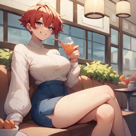 a tomboy with red hair and blue eyes. she is wearing white sweater and skirt. she is sitting inside a cafe. she is smiling happily at you.