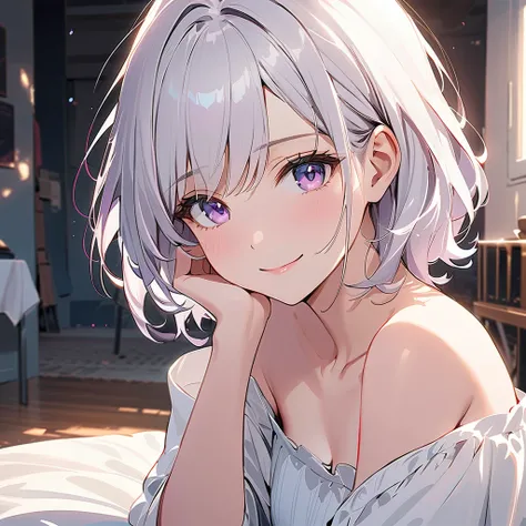 ( masterpiece,  better quality:1.2), 1 girl, Alone,  short wavy hair ,  purple-eyed , platinum white hair,  foreground,  smile, innocent