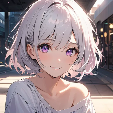 ( masterpiece,  better quality:1.2), 1 girl, Alone,  short wavy hair ,  purple-eyed , platinum white hair,  foreground,  smile, innocent