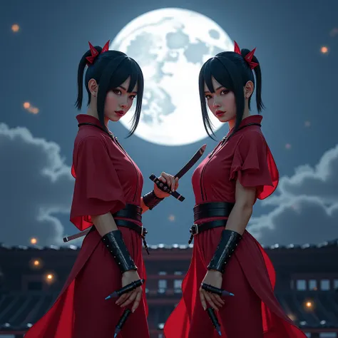  Japanese Royal Sisters ， Beautiful Miss ，Height 170cm，whole body show， cosplay，[[ girl， Real 8K Display Screen ， HD Face Detail ，Real People，Realism，Exquisite Mask ，fair skin， short hair ponytail ， full chest， Sexy figure ， Japanese Ninja Style Fusion Red...