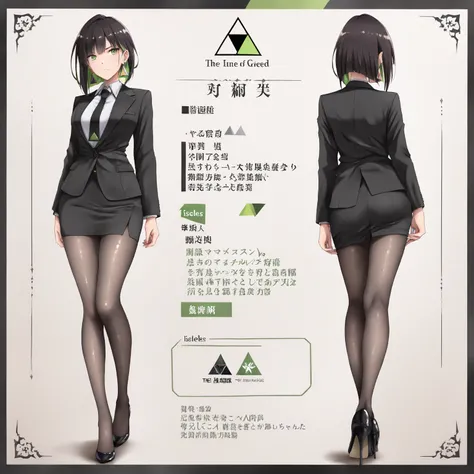 masterpiece, (((( best quality )))),1 girl,character profilele,shiny skin, wearing a black suit,skirt suit, black tie , dark hair, short bob hair,The inner color of the hair is green, green eyes,isosceles triangle earrings, black stockings