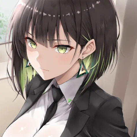 masterpiece, (((( best quality )))),1 girl,shiny skin, wearing a black suit,skirt suit, black tie , dark hair, short bob hair,The inner color of the hair is green, green eyes,isosceles triangle earrings,