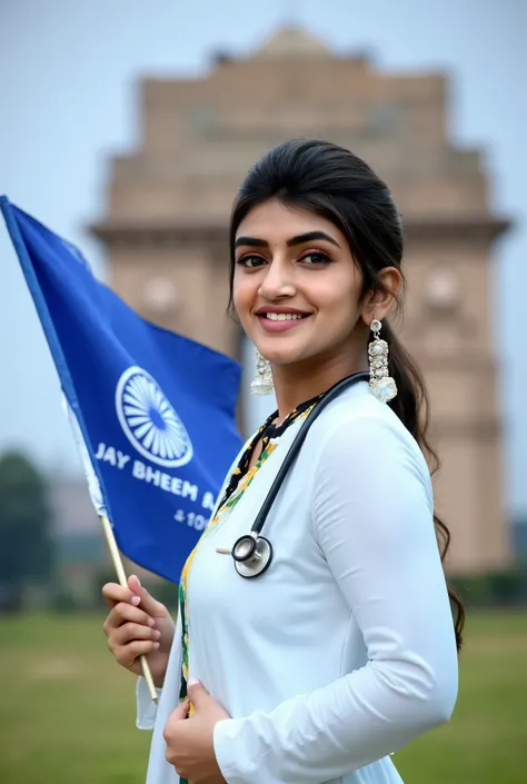 "Create a highly realistic image of a beautiful and confident 23-year-old Indian girl with an attractive appearance, wearing a doctor's coat and a stethoscope around her neck. She stands proudly in front of the India Gate in New Delhi, holding a blue flag ...
