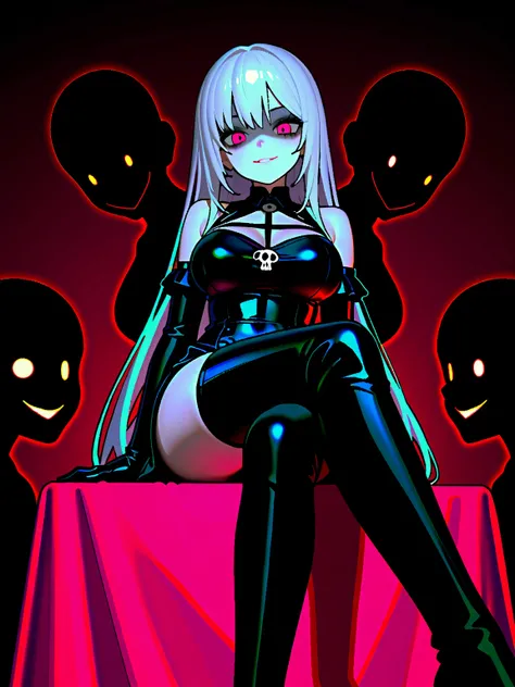   HD、 top quality、8k、  perfect face、 alone、 zombie girl 、Grey Skin、(corruption)、Oblique eyes、Crazy Eyes、  Pink Eyes Glow in the Dark 、  black eyeshadow 、 Hollow Eyes 、Shadow Face、 detailed lips 、Long silver hair、 big breasts、  creepy silhouette with glowin...