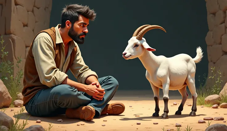 Rahim sitting worriedly in front of the goat