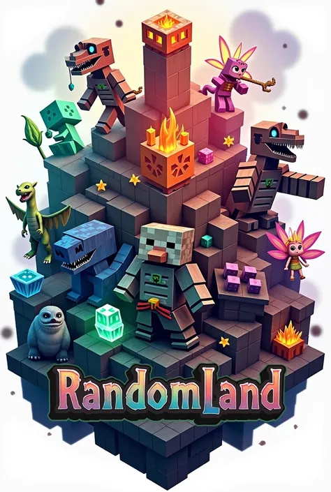  A logo for a Minecraft server called randomland that has Minecraft objects, dragons, fairies, Dinosaurs and samurais and let it say RandomLand