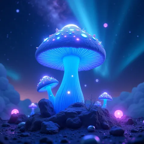 galaxy, blue mushroom with white purple spots, polar lights blue purple, Neon light