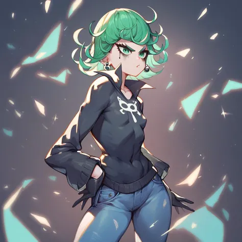 1 girl tatsumaki, dressed in a goth sweater, jeans, joth style, earrings in the form of crosses, black gloves without pollen, goth makeup, black background, standing in a cool pose, ultra detailed, 8k