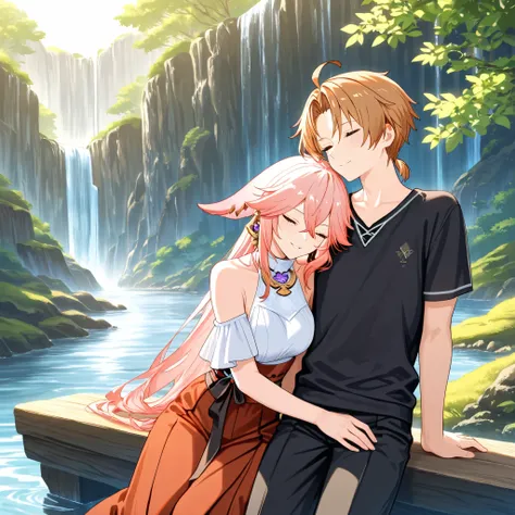 Love couple, Yae Miko and Rudeus Greyrat, river and waterfall in background, leaning on each other, masterpiece, best quality, High resolution 