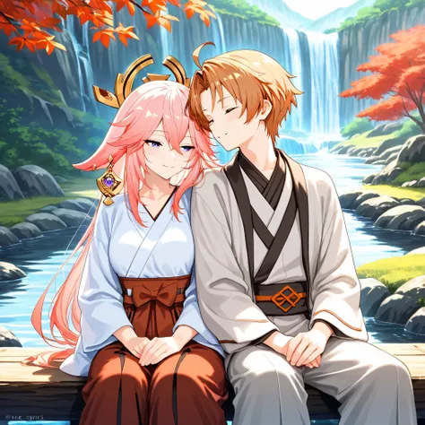 Love couple, Yae Miko and Rudeus Greyrat, river and waterfall in background, leaning on each other, masterpiece, best quality, High resolution 