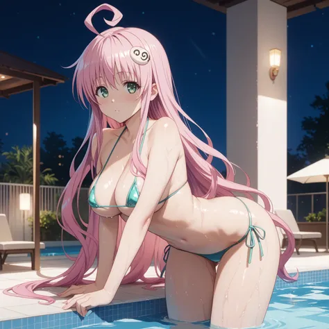 Lala Satalin Deviluke, ahoge,very long hair,pink hair,hair ornament,sidelocks,bangs,green eyes, large breasts, Tempting body, gradient hair, glossy skin, glistening skin, Bikini Swimwear, Bikini bottoms, sexy pose, blush, shy, Pose seductively, Posing prov...