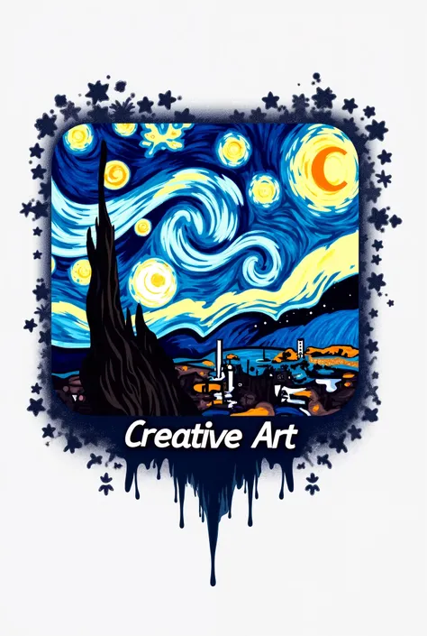 Make me a logo of the starry night by Vang Gof , that in the surrounding area there are things that represent art,  that says creative art below and that is in a square shape ,  That is very creative 