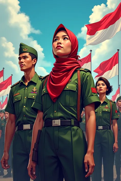 Create cover of Indonesian soldiers gateng and women in canting headscarves with semi anime design and battalion background