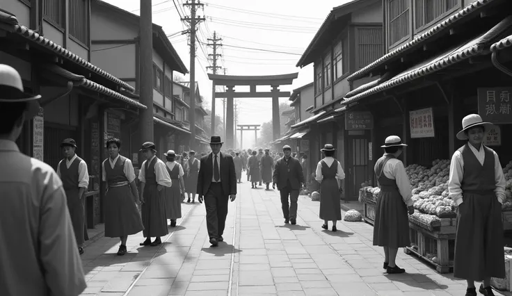 A black-and-white, realistic depiction of Hiroshima before August 6, 1945. The scene is lively and bustling with people walking through the streets, ren playing joyfully, and vendors selling goods at a busy marketplace. Traditional Japanese buildings and s...