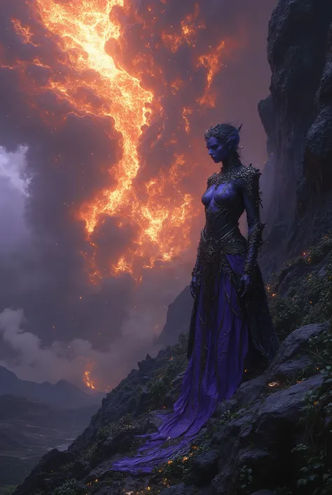 1 Beautiful lady demon is watching volcano eruption, She has stunning blue skin, wearing purple and black clothes